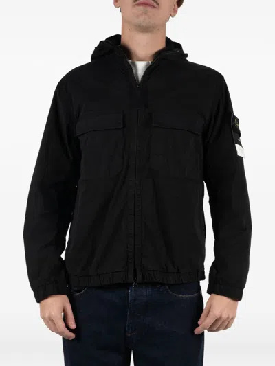Stone Island Hooded Zip Jacket With Reinforced Contour, Dual Chest Pockets, And Elasticated Cuffs In Nero