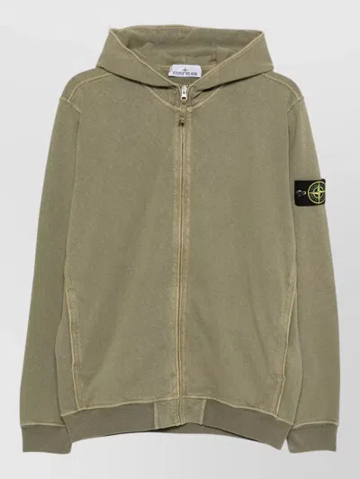 Stone Island Hooded Zip Sweatshirt Ribbed Cuffs Hem Pockets In Green