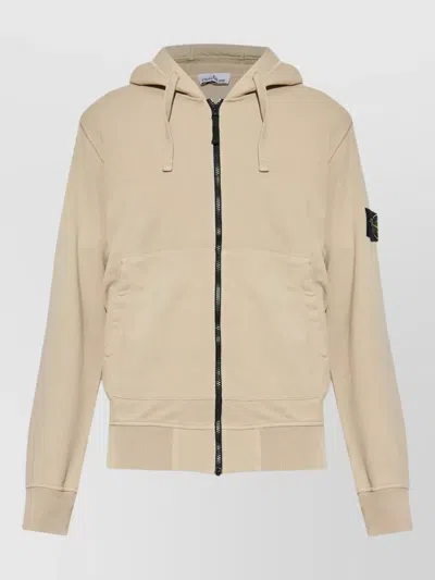 Stone Island Hooded Zip Sweatshirt Ribbed Cuffs Pockets In Brown