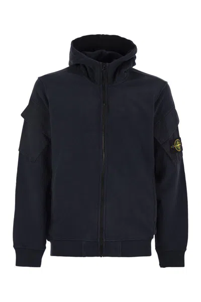 Stone Island Hoodie With Zip And Sleeve Pockets In Blue