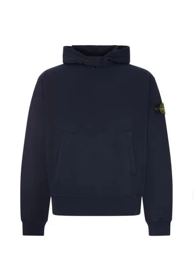 Stone Island Inspired Hooded Sweatshirt With Snap-button Collar And Kangaroo Pockets In Blu