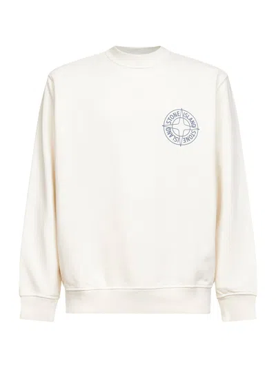 Stone Island Ivory Cotton "outline Compass" Printed Sweatshirt In White