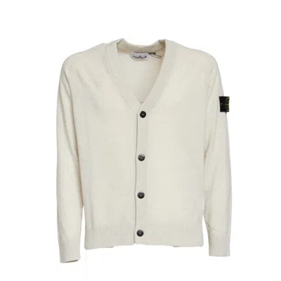 Stone Island Ivory Geelong Wool Cardigan With V-neck In Gray