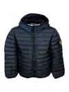 Stone Island 100 Gram Padded Down Jacket Made Of Recycled Crunchy Nylon. Zip Closure, Hood And Logo On The Sleeve In Blu