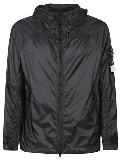 Stone Island Lightweight Grey Hooded Coat With Contrasting Black Accents