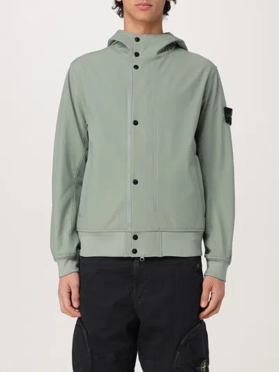 Stone Island Hooded Coat With Button Closure And Ribbed Hem In Green
