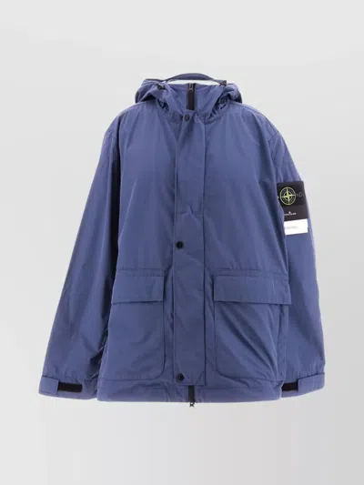 Stone Island Jacket With Adjustable Cuff Straps And Hood In Blue