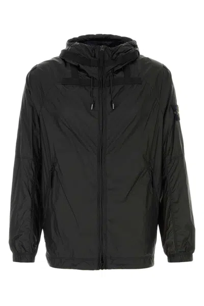 Stone Island Nylon Windbreaker With Hood And Pockets In Black