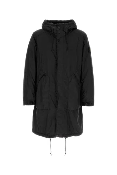 Stone Island Hooded Long Parka Front Pockets In Black