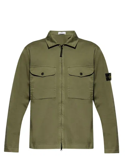 Stone Island Compass-logo Zip-up Shirt Jacket In Green