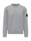 Stone Island Men Grey Ribbed Knit Crewneck Sweater With Logo Patch On The Sleeve In Wool Man