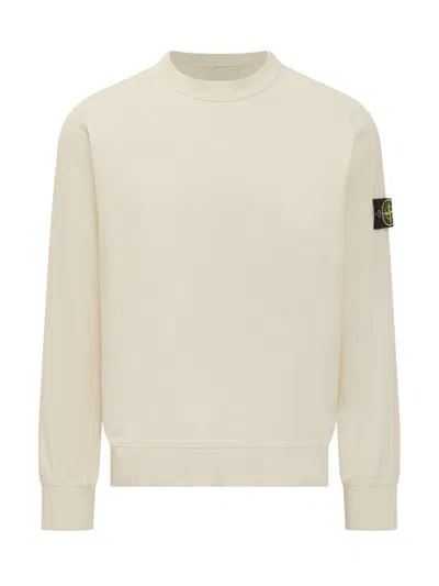 Stone Island White Crewneck T-shirt With Logo Patch On The Sleeve In Cotton Man