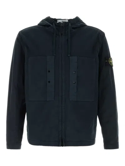 Stone Island Cotton Stretch Jacket With Hood And Pockets In Black