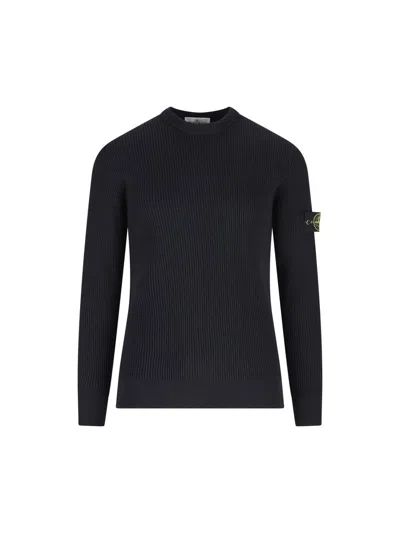 Stone Island Crew-neck Wool Sweater Featuring Patch In Black