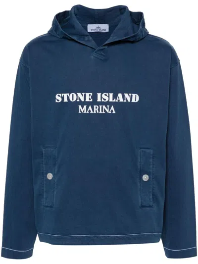 Stone Island Logo-print Cotton Hoodie In Blue