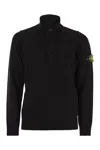Stone Island High Collar Pullover With Buttoned Placket And Logo Patch In Black