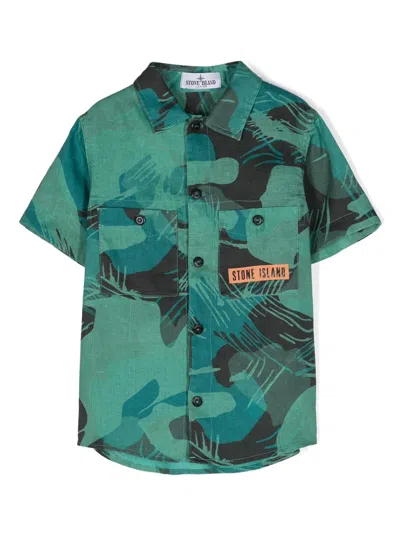 Stone Island Kids' Abstract-print Linen Shirt In Green