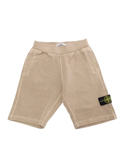 Stone Island Kids' Beige Bermuda Pants With Elastic Waist And Logo Patch On The Sleeve In Cotton Boy