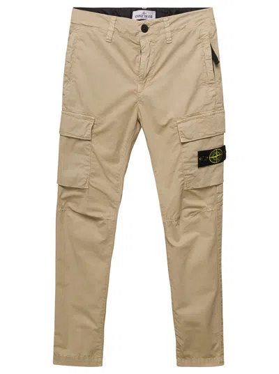 Stone Island Kids' Beige Cargo Pants With Logo Patch And Pockets In Stretch Cotton Boy