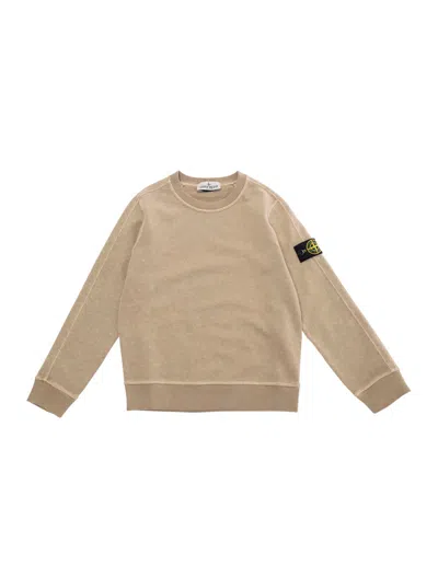 Stone Island Kids' Beige Sweatshirt With Round Neck And Logo Patch On The Sleeve In Cotton Boy