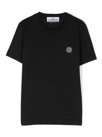 Stone Island Junior Kids' Black Crewneck Short-sleeved T-shirt And Contrasting Patch Logo In Cotton Boy