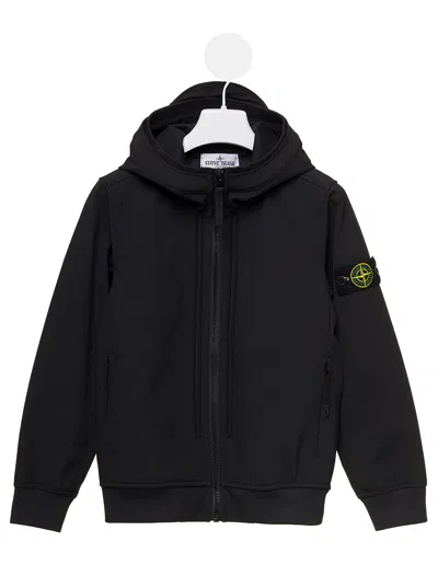 Stone Island Black Hooded Jacket With Logo Patch In Nylon Boy  Kids