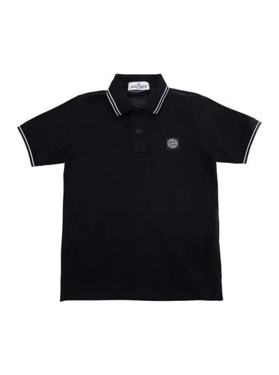 Stone Island Kids' Black Polo Shirt With Classic Collar And Chest Logo Patch In Cotton Boy