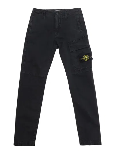 Stone Island Junior Kids' Black Slim Cargo Pants With Logo Patch In Stretch Cotton Boy In Blue