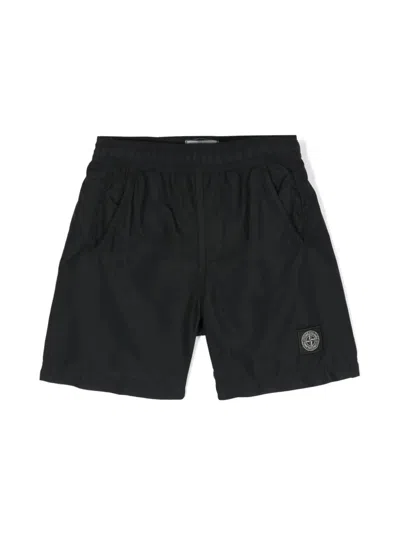 Stone Island Kids' Compass-motif Swim Short In Nero