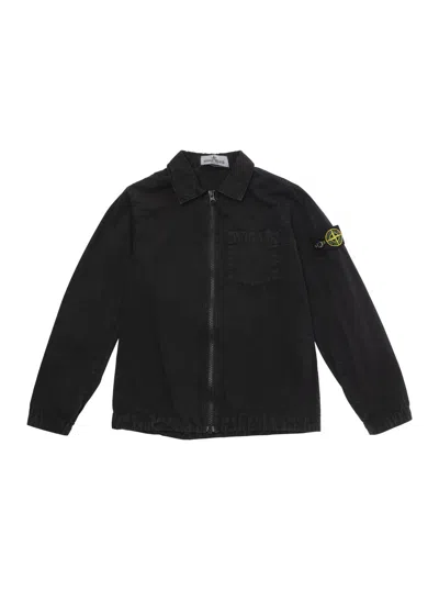 Stone Island Kids' Black Zip-up Shirt With Logo Patch In Cotton Boy