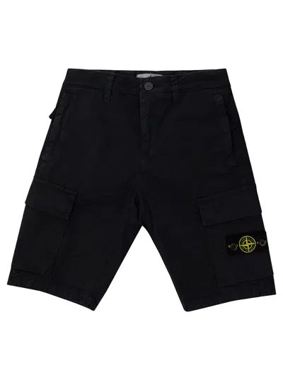 Stone Island Junior Kids' Blue Bermuda Shorts With Logo Patch In Stretch Cotton Boy In Navy