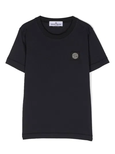 Stone Island Junior Kids' Blue Crewneck Short-sleeved T-shirt And Contrasting Patch Logo In Cotton Boy In Black