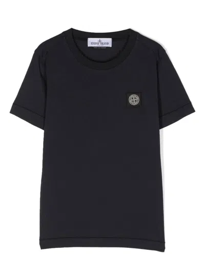 Stone Island Kids' Blue Crewneck Short-sleeved T-shirt And Contrasting Patch Logo In Cotton Boy