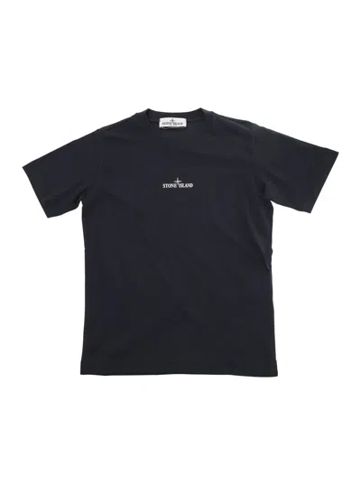 Stone Island Kids' Blue Crewneck T-shirt With Logo Print In Cotton Boy In Black