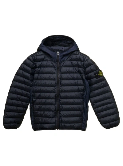 Stone Island Junior Kids' Blue Hooded Down Jacket And Patch Logo In Nylon Boy