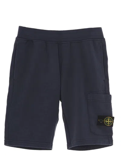 Stone Island Kids' Cargo Badge Logo Bermuda Shorts In Blue