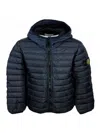 Stone Island 100 Gram Padded Down Jacket Made Of Recycled Crunchy Nylon. Zip Closure, Hood And Logo On The Sleeve In Blue