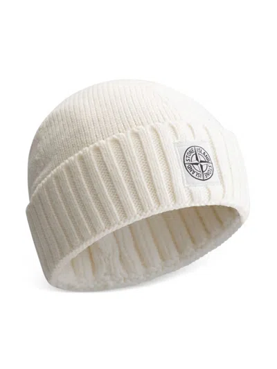 Stone Island Kids' Compass-appliqué Beanie In 白色