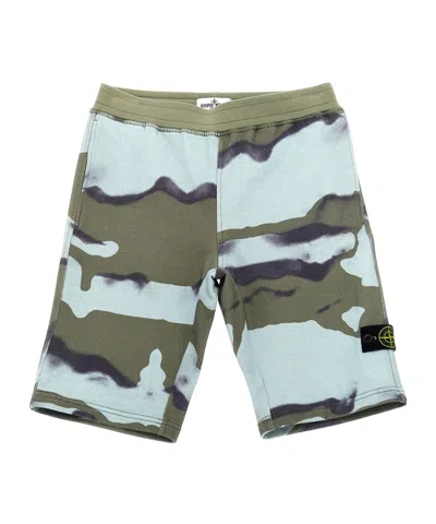 Stone Island Camouflage Cotton Shorts With Logo In Blue