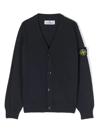 Stone Island Kids' Compass-badge V-neck Cardigan In Blue
