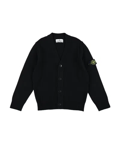 Stone Island Junior Compass Badge V-neck Knitted Cardigan In Black