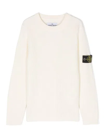Stone Island Kids' Compass-badge Virgin-wool Jumper In White