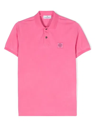Stone Island Kids' Compass-motif Cotton Polo Shirt In Pink