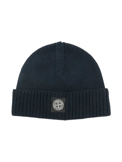 Stone Island Kids' Compass-motif Knitted Beanie In Blue