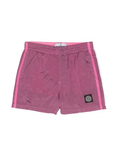 Stone Island Kids' Compass-motif Swim Shorts In Pink