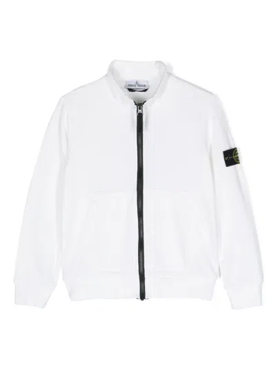 Stone Island Kids' Compass-motif Zip-up Sweatshirt In Weiss