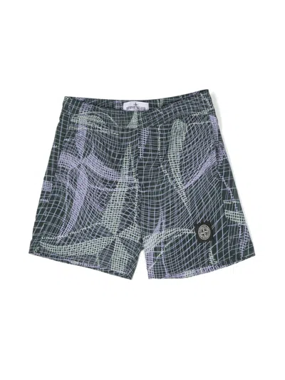 Stone Island Kids' Compass-patch Abstract-print Swim Shorts In Green