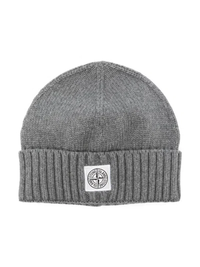 Stone Island Junior Kids' Compass-patch Beanie In Gray