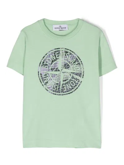 Stone Island Kids' Compass-print Cotton T-shirt In Light Green