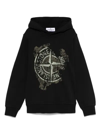 Stone Island Kids' Compass-print Hoodie In Black
